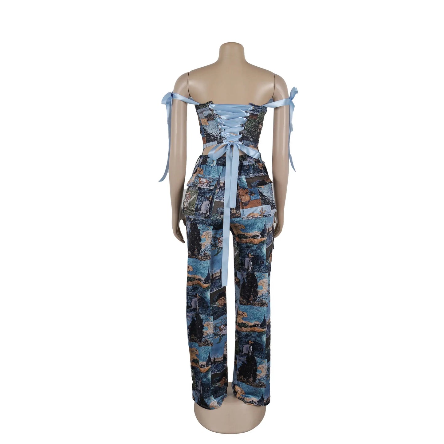 Two Pieces Women Pant Sets Print Matching Set Drawstring Pockets Sleeveless Top Elastic Waist Pants Slim Fit Casual 2026 Spring