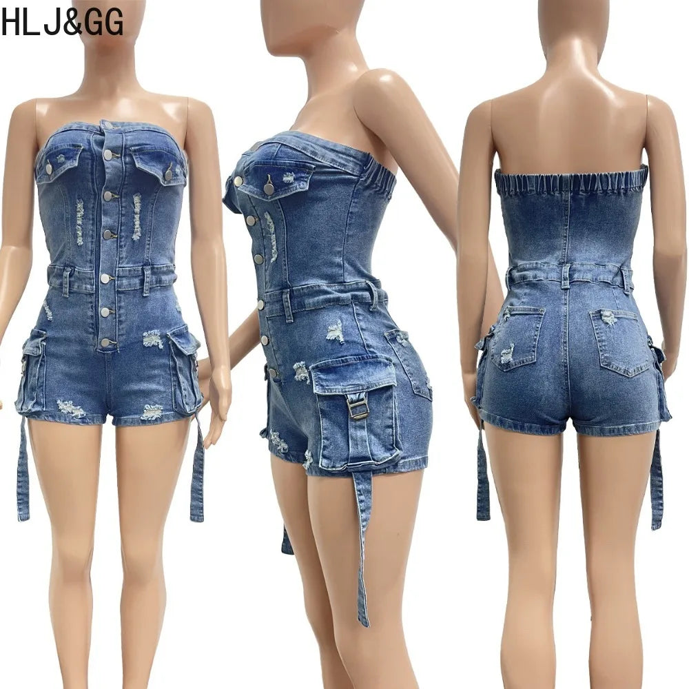 HLJ&GG Blauer sexy Denim Pocket Cargo Bodycon Romper Damen schulterfrei ärmellos rückenfrei schmaler Jumpsuit Fashion Cowboy Playsuit