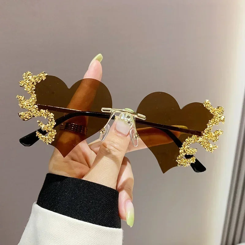 Randlose Sonnenbrille Damen Luxusmarke Strass Sonnenbrille Damen Niedliche Herzform Punk Party Brille очки від сонця женские