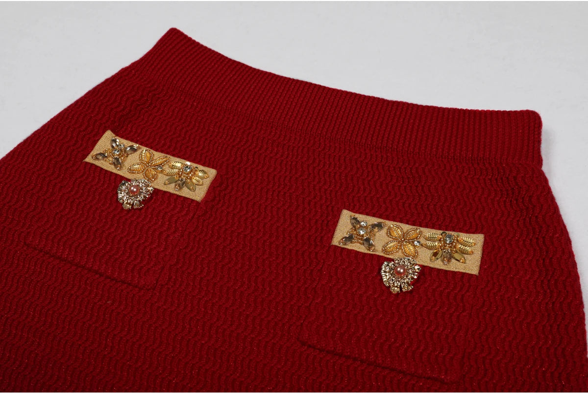High Quality New Fashionable Elastic Knitted V-neck Luxurious Exquisite Nail Bead Piece Cardigan Slim Fit Short Skirt Women Set