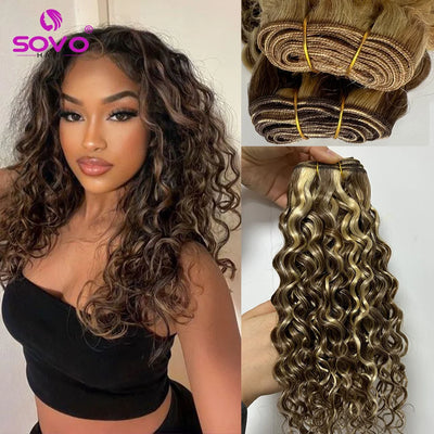 SOVO Honey Blonde Water Wave Human Hair Extensions 100 G Highlight P6/613 Natural Wet and Wavy Peruvian Curly Hair Weave Bundles
