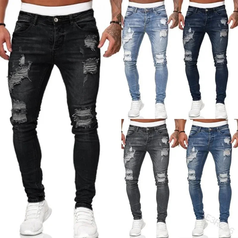 Zerrissene Skinny Jeans Herren Casual Slim Fit Bleistift-Denim-Hose Herren Vintage Washed Solid Denim Hose Hot Sale Mode Street Style