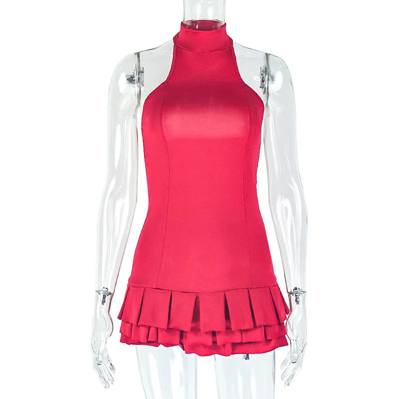 Joskaa Elegant Red Mini Tiered Dress Women Hipster Sexy Halter Backless Skinny Vestidos 2025 Summer Clubwear Vacation Beachwear