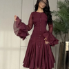 TWOTWINSTYLE Damenkleid Unregelmäßig Gefaltet Patchwork Mode Lang Laternenärmel Tailliertes Minikleid 2024 Neue Kleidung