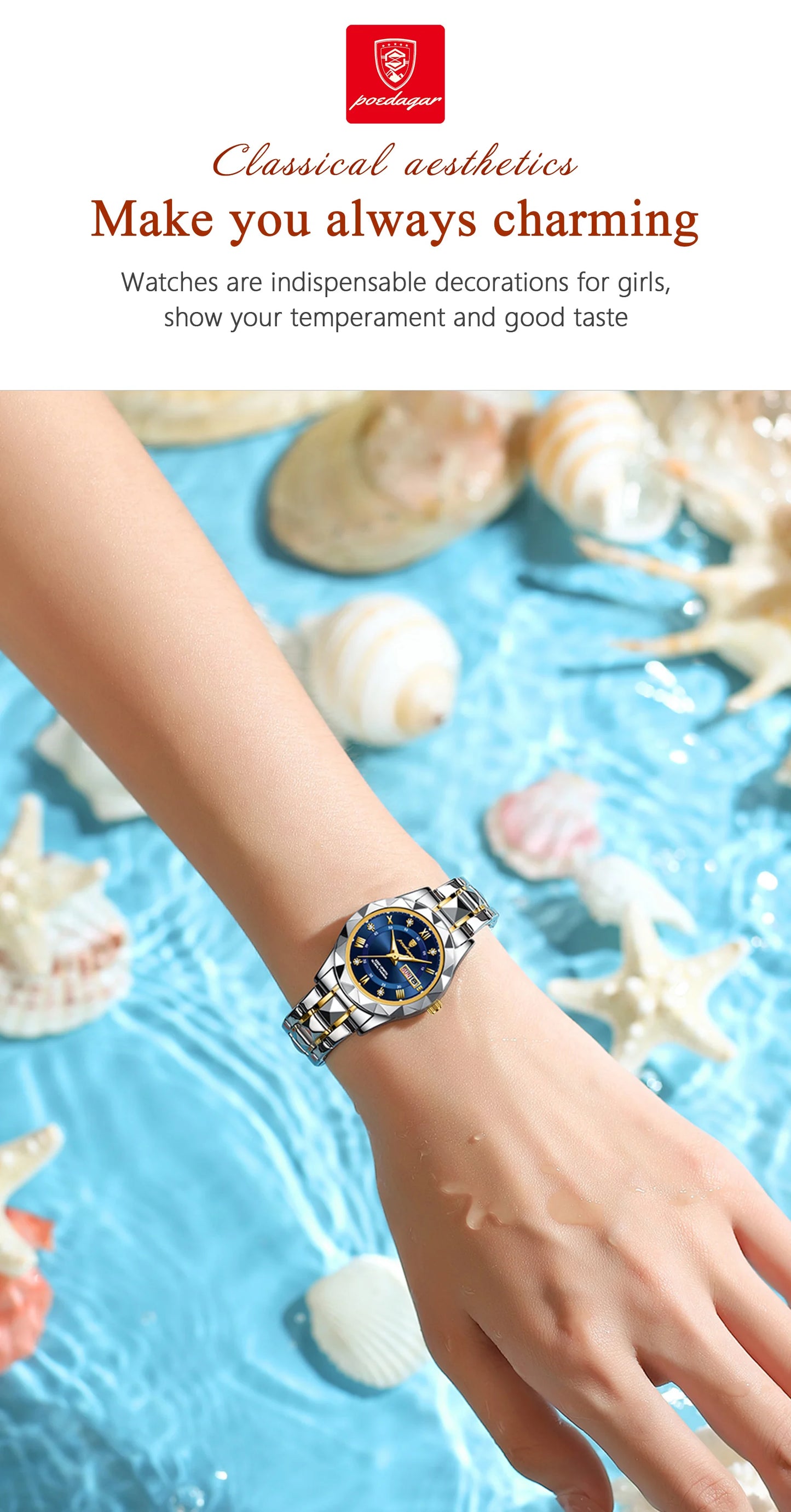 POEDAGAR Luxuriöse Damen-Kleideruhr, leuchtend, wasserdicht, Wochen- und Datumsanzeige, Damenarmbanduhr, Edelstahl-Damenquarzuhr reloj+box