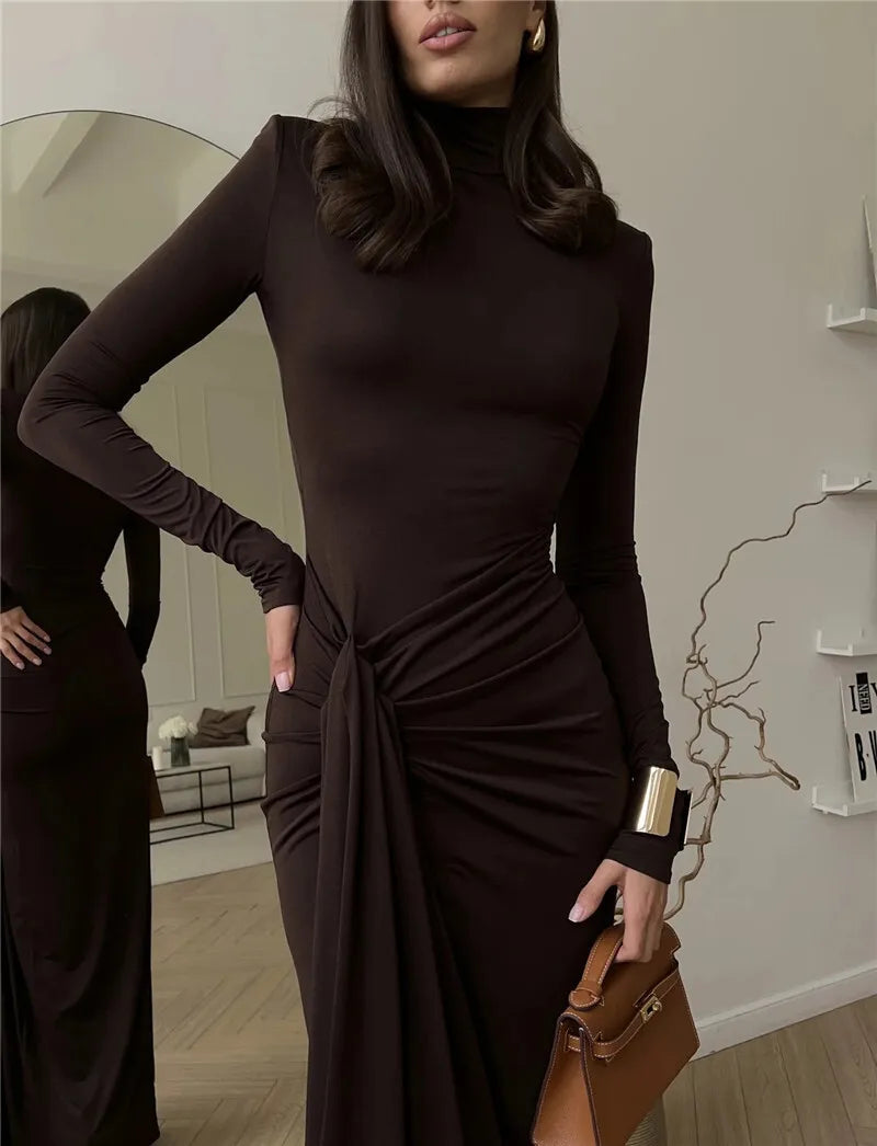 Mozision Rollkragen Oberschenkelhohes Schlitz Sexy Maxikleid für Damen Mode Langarm Drapierte Bandage Bodycon Club Langes Kleid