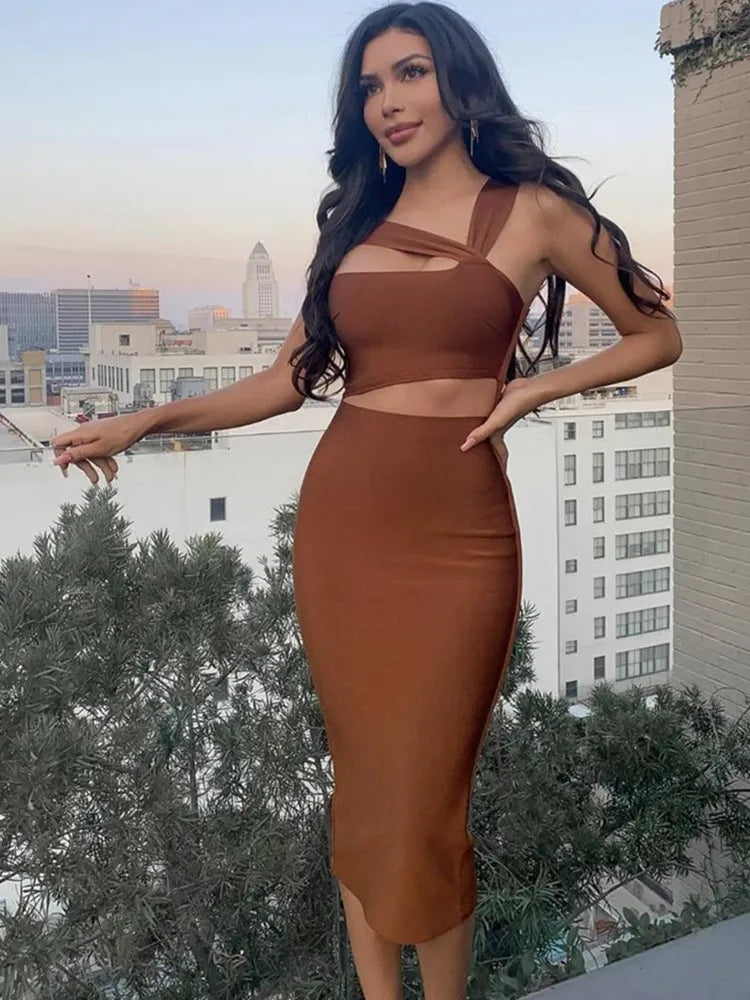 Damen Sommer sexy ausgehöhltes braunes Midi knielanges Bodycon-Bandagekleid 2023 Designer elegantes Abendpartykleid Vestido