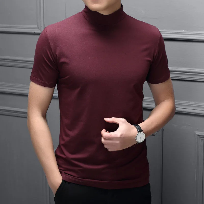 2022 Trend Summer Men Half high Collar Mercerized Cotton Short Sleeve Slim Body T-Shirt Men Solid Color Modale High Collar