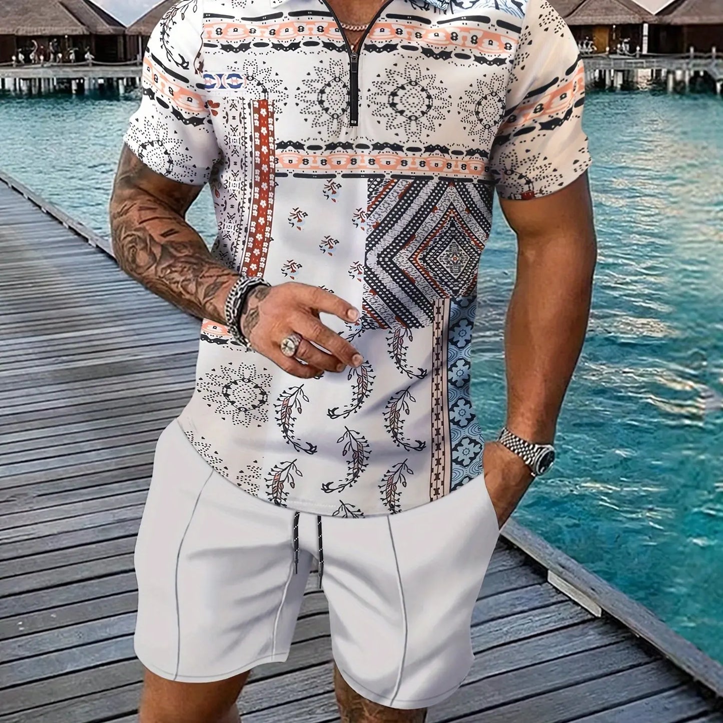 Retro National Stil Totem 3D-Druck Herren Trainingsanzug Set Sommer Reißverschluss Poloshirt + Shorts 2-teiliges Set Herren Kleidung Trainingsanzug Set