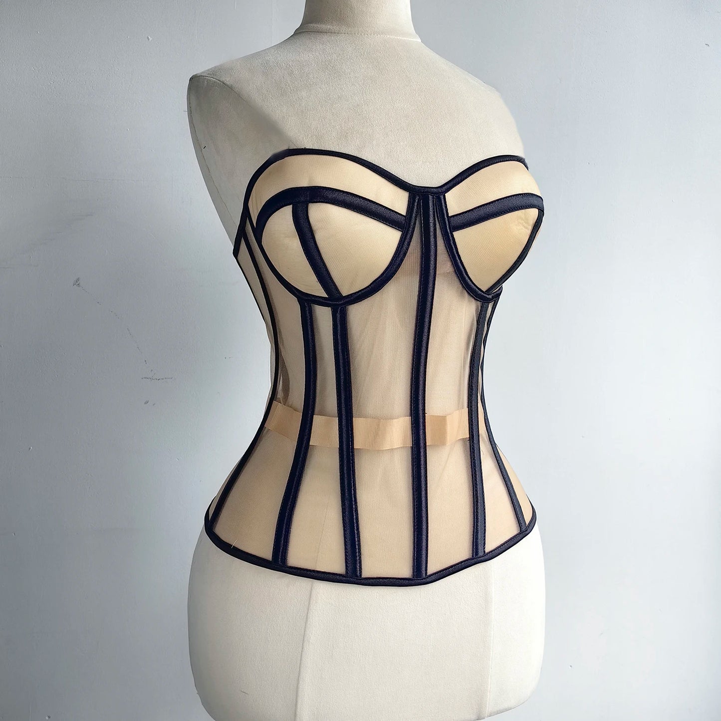 Women Luxury Mesh Corset Bustier Transparent Bodices With Cups Waist Slimmer Lace Up Steel Bone Tight Fitting Tube Tops Costume