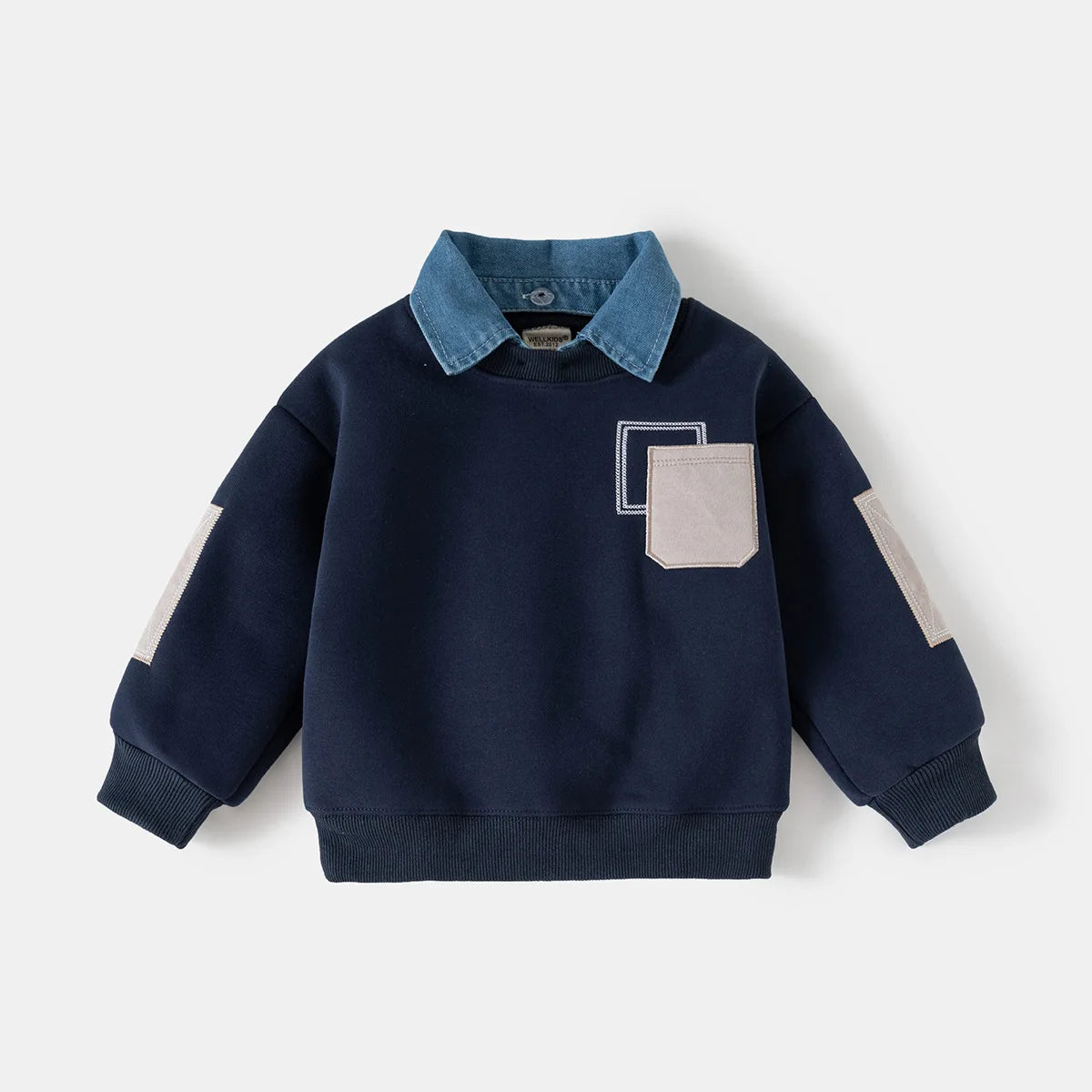 Spring Children Clothes Sweatshirt for Boys Denim Collar Fleece Pullover with Patch Pocket Casual Kids Top Long Sleeve T-shirt