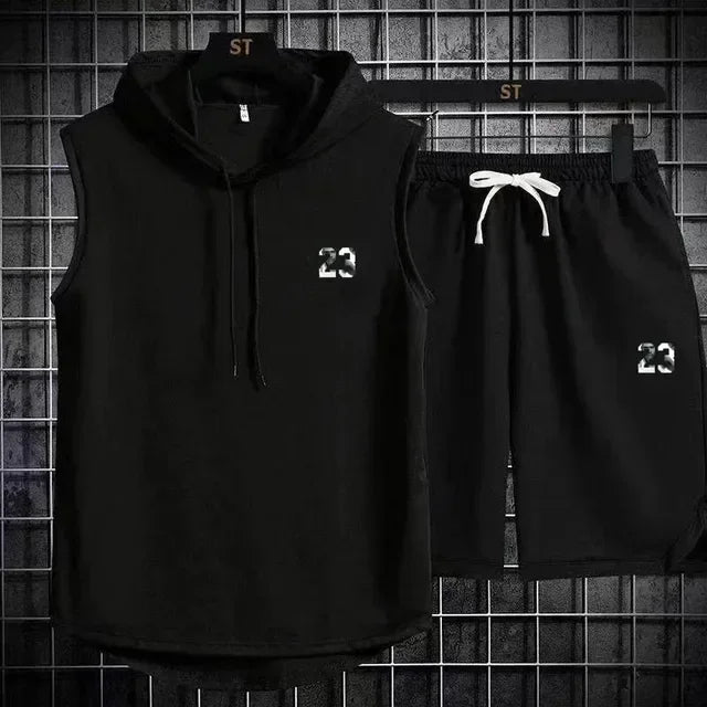 Summer New Men's Sleeveless Hooded T-shirt+shorts pants Sports two-piece set gym  Fashion  Casual Men Women Sports Two Piece Set