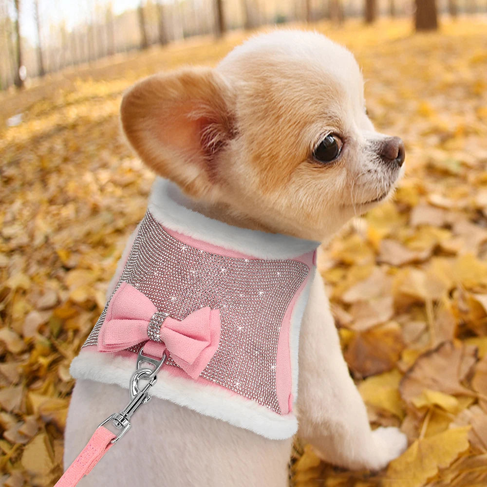 Hundegeschirr und Leine-Set mit Strass, weiches, warmes Haustiergeschirr, Weste, Hunde-Schleifengeschirr, verstellbar für Chihuahua, Hunde, Katzen