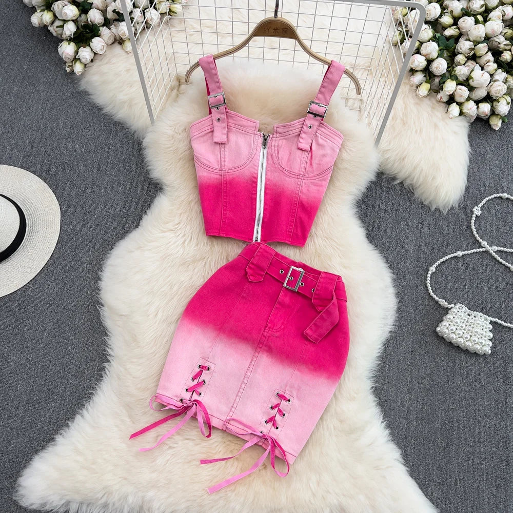 Pink Gradient Jeans Skirts Set Girl Fashion Denim Sleeveless Camisole Vest Top Two-piece Set Mini Bodycon Strap Skirt Summer