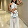Sexy Polka Dot See through Beach Dress with Neck Hanging Long Polyester Blend Fabric Swimwear Cover up Irregular Hemline