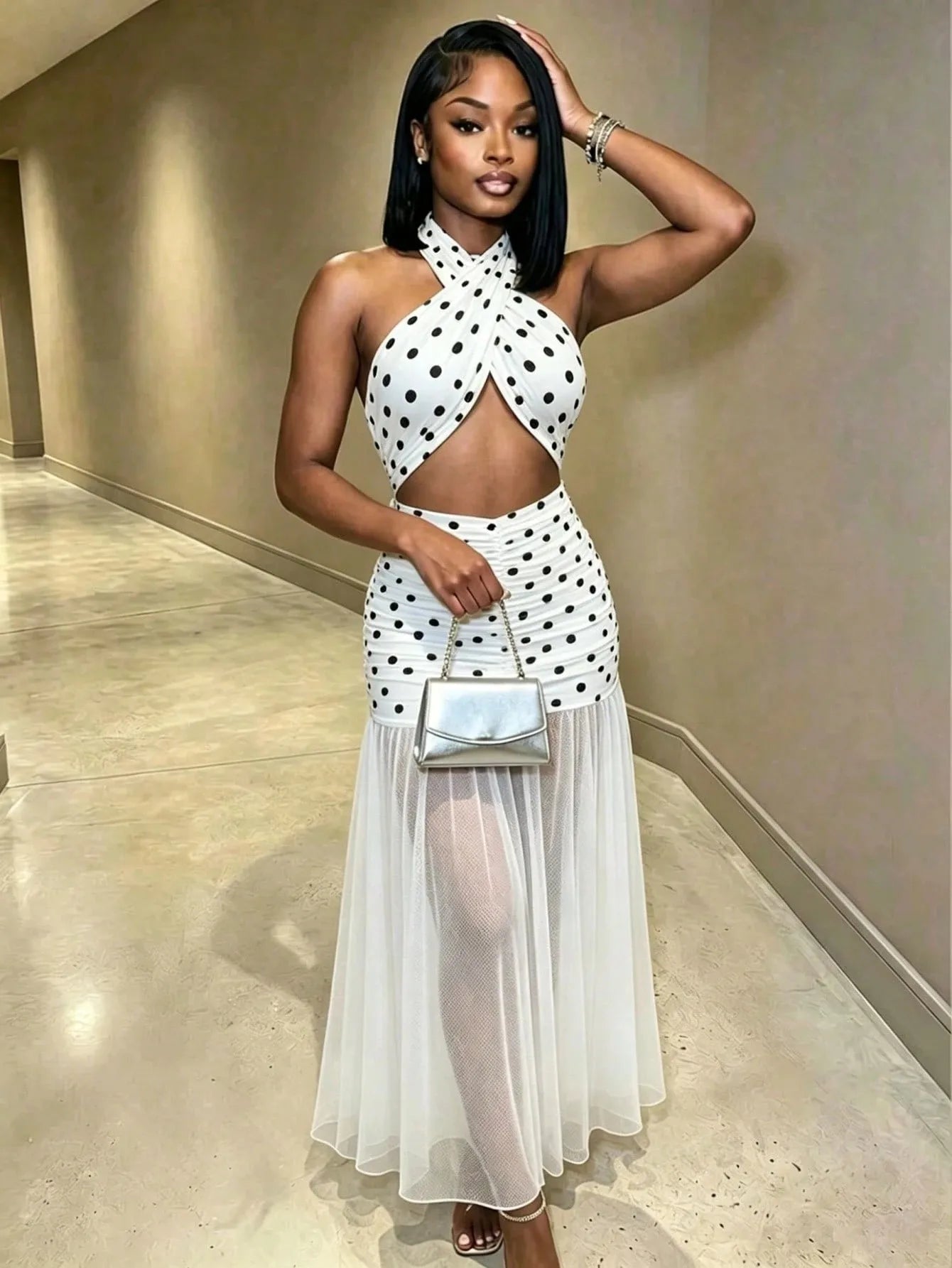 Sexy Polka Dot See through Beach Dress with Neck Hanging Long Polyester Blend Fabric Swimwear Cover up Irregular Hemline