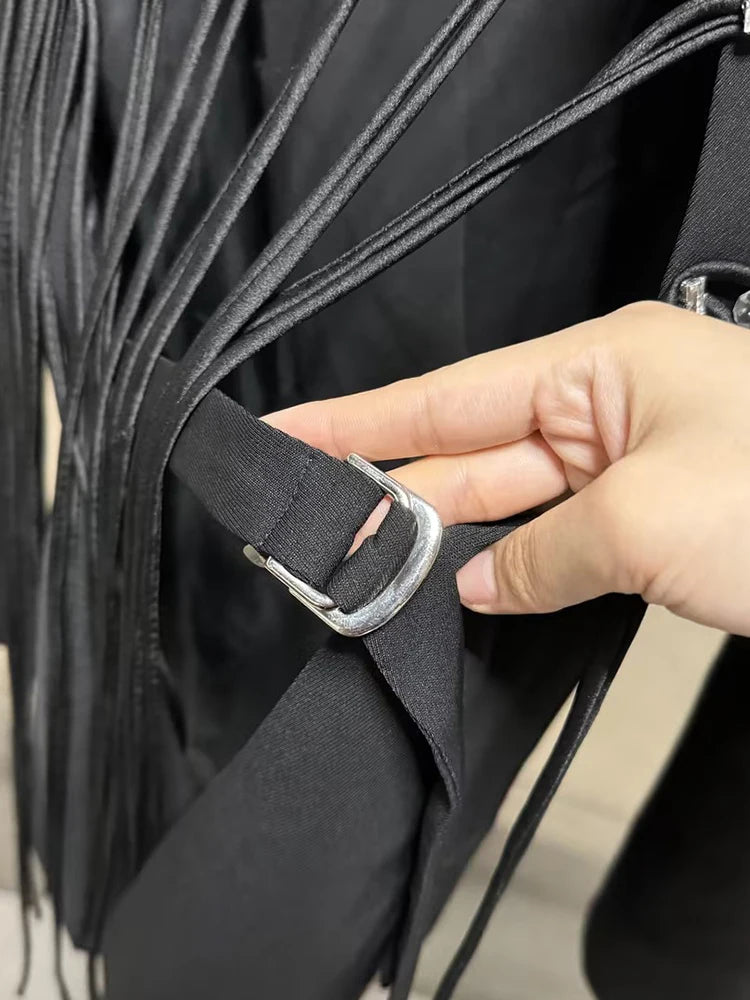 VGH Minimalistische Patchwork-Blazer mit Kordelzug für Damen, Revers, lange Ärmel, rückenfrei, ausgeschnittener Blazer im weiblichen Stil