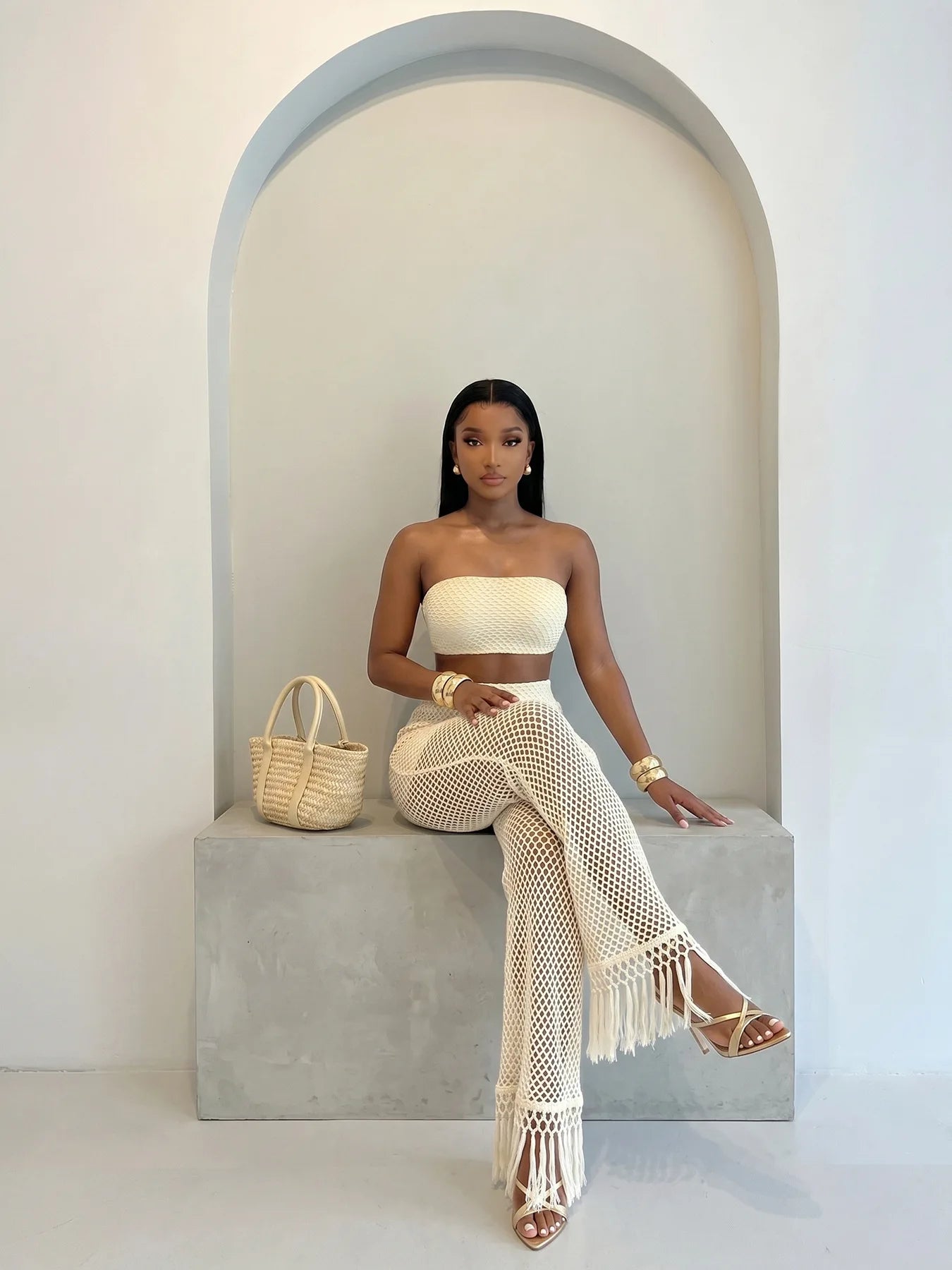 HLJ Casual Crochet Knit Women 2 Piece Outfits Strapless Bandeau Crop Top + Tassel Mesh Wide Leg Pants Matching Streetwear Summer