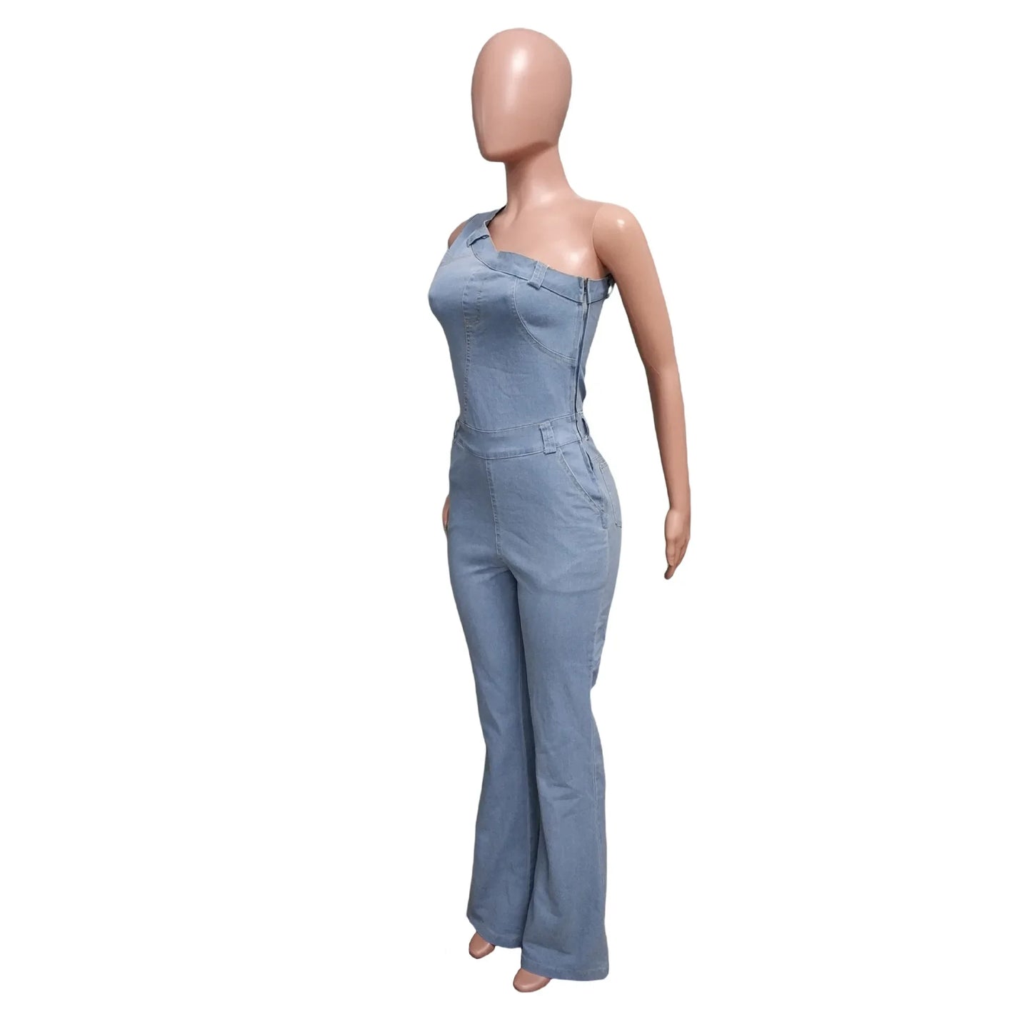 Flare Denim Pants Full Length Women Jeans One Piece Overalls Spliced Solid Jumpsuits Loose Pockets High Waist Basics Washed