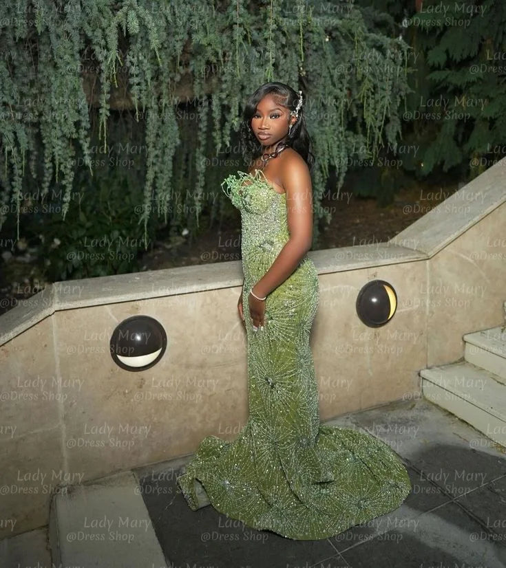 Gorgoues Green Prom Dresses 2025 Luxury Beading Mermaid Girl Party Dress Long  Aso Ebi Birthday Graduation Gowns Customized