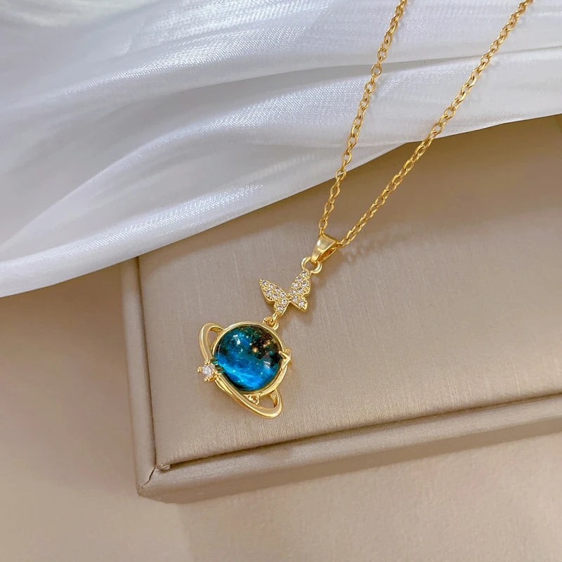 Stainless Steel Zircon Planet Star Pendant Necklace For Women Elegant Aesthetic Clavicle Chain Necklace Jewelry Party Gift