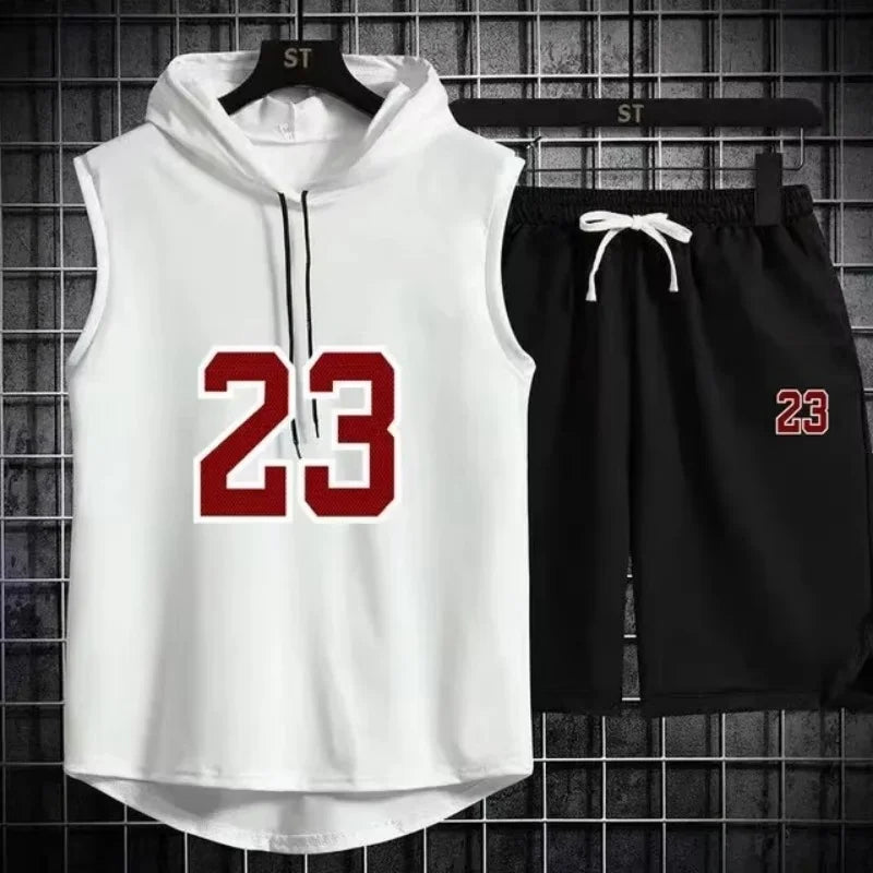 Summer New Men's Sleeveless Hooded T-shirt+shorts pants Sports two-piece set gym  Fashion  Casual Men Women Sports Two Piece Set