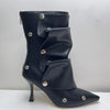 2025 Klassische Damenstiefel mit spitzer Zehe, ausgefallenen Absätzen, Nietenknopf und seitlichem Reißverschluss, einfarbig, hochhackige Schuhe, Botas Altas