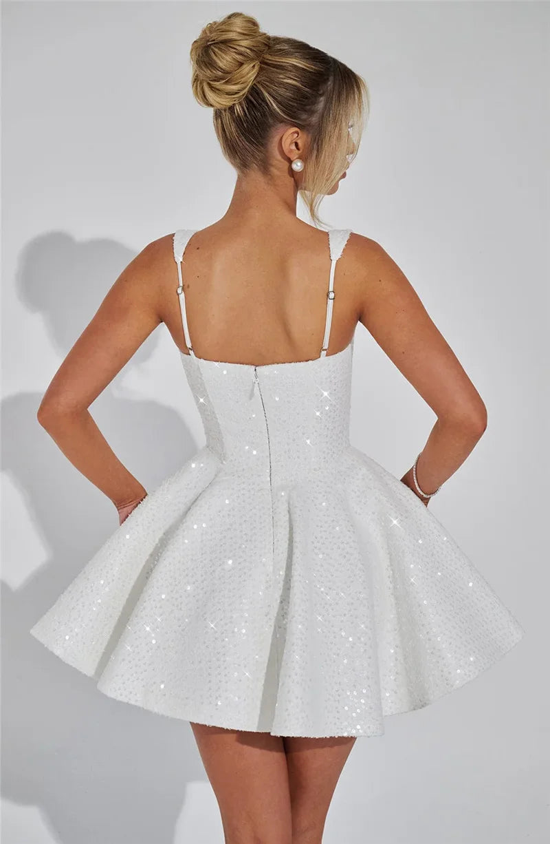 Mozision Pailletten-Kleid mit Schleife am Rücken, rückenfrei, sexy Mini-Kleid für Damen, modisches Etuikleid mit eckigem Ausschnitt, ärmellos, hohe Taille, A-Linie, Clubkleid