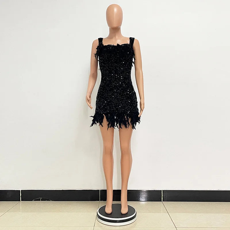 Damen Partykleid Ärmellos Glänzende Pailletten Feder Abendkleid Sexy schulterfrei rückenfrei Mini Formelle Ballkleider HXY8