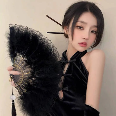 Chinesischer Faltfächer im Vintage-Stil, Feder-Spitzen-Faltfächer für sexy Tanz, Hochzeitsdekoration, Partygeschenke
