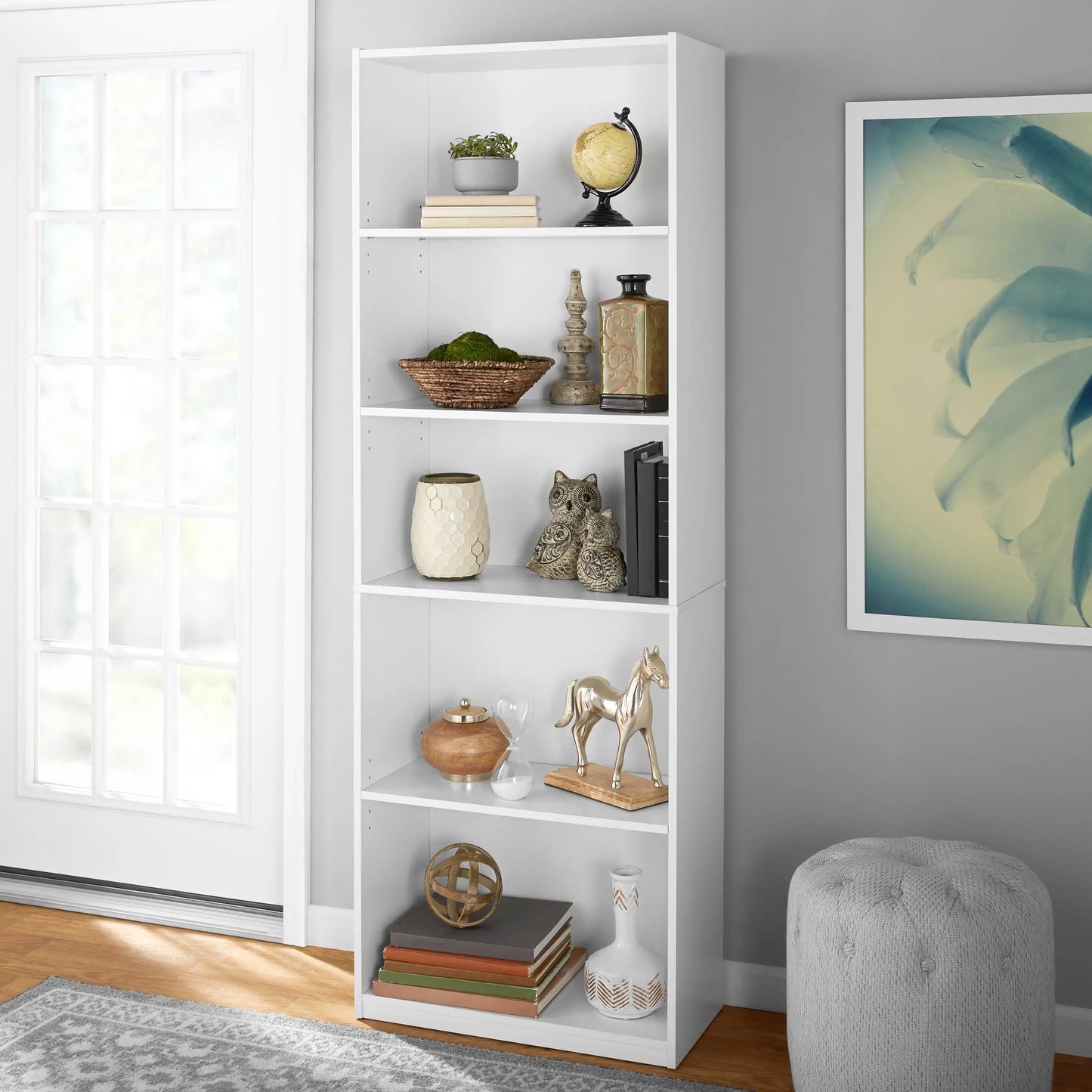 5-Shelf Bookcase with Adjustable Shelves,Solid Wood/Closed Back/Display Bookshelf for Living Room,Bedroom,Home and Office,White