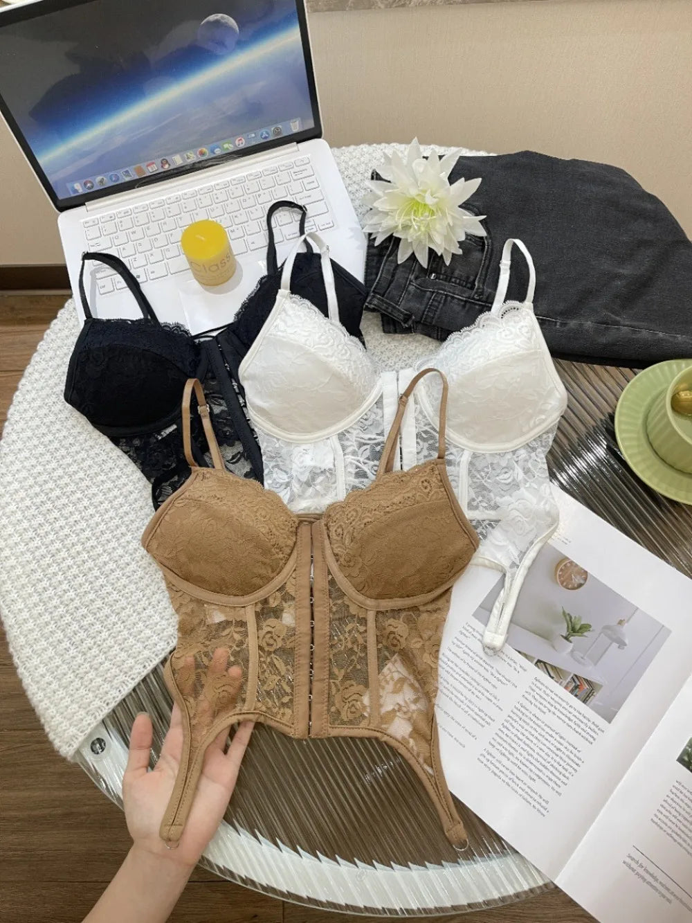 V-Neck Sexy Lace Corset Top Slim Fit Push Up Hollow Suspender Vest Adjustable Straps Off Shoulder Breathable Mesh Vest Travel