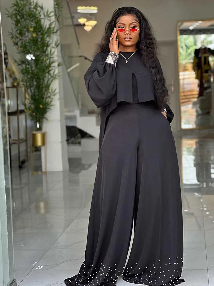 Frühlingskleidung für Damen, 2-teilige Sets Damen-Outfit, Laternenärmel-Anzug mit weiter Hose und Top, High Street Elegante Damen-Sets