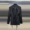 VGH Minimalistische Patchwork-Blazer mit Kordelzug für Damen, Revers, lange Ärmel, rückenfrei, ausgeschnittener Blazer im weiblichen Stil