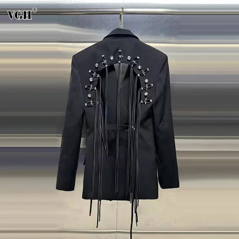 VGH Minimalistische Patchwork-Blazer mit Kordelzug für Damen, Revers, lange Ärmel, rückenfrei, ausgeschnittener Blazer im weiblichen Stil