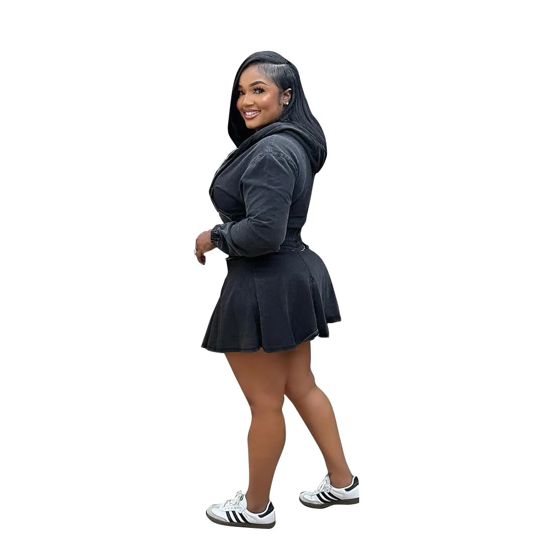 Two Piece Sets Women Denim Skirt Hooded Zipper Tops Short Dress Sets Skirts A Line High Waist Y2k Streetwear Elegant Slim Fit