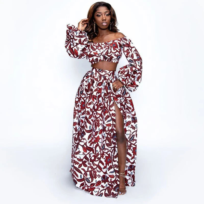 Nationaler Fashion-Print Damen Zweiteiler Sexy schulterfreies ärmelloses Oberteil + Maxirock mit hohem Schlitz Sommer Casual Damenanzug