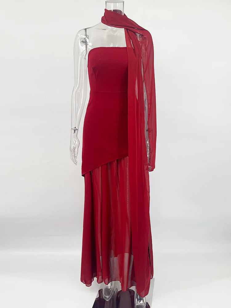 TARUXY Mode Trägerloses Kleid mit Band Frauen Elegantes Ärmelloses Mesh Strand Urlaub Langes Kleid Frühling 2025 Neues Damenkleid