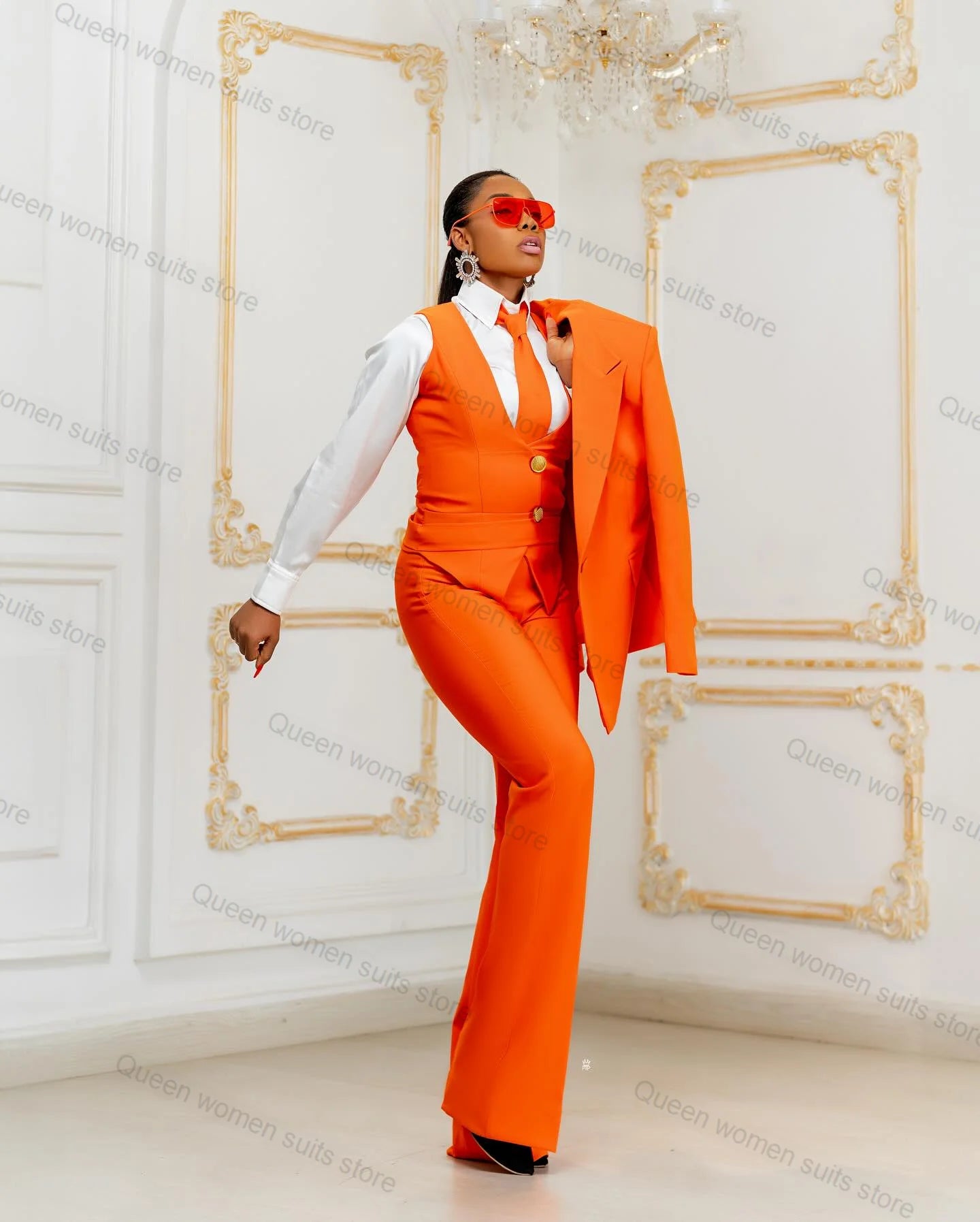 Office Orange Women Suit Set for Wedding 3 Piece Blazer+Pants+Vest Jacket Business Lady Cotton Coat Trousers Custom Made
