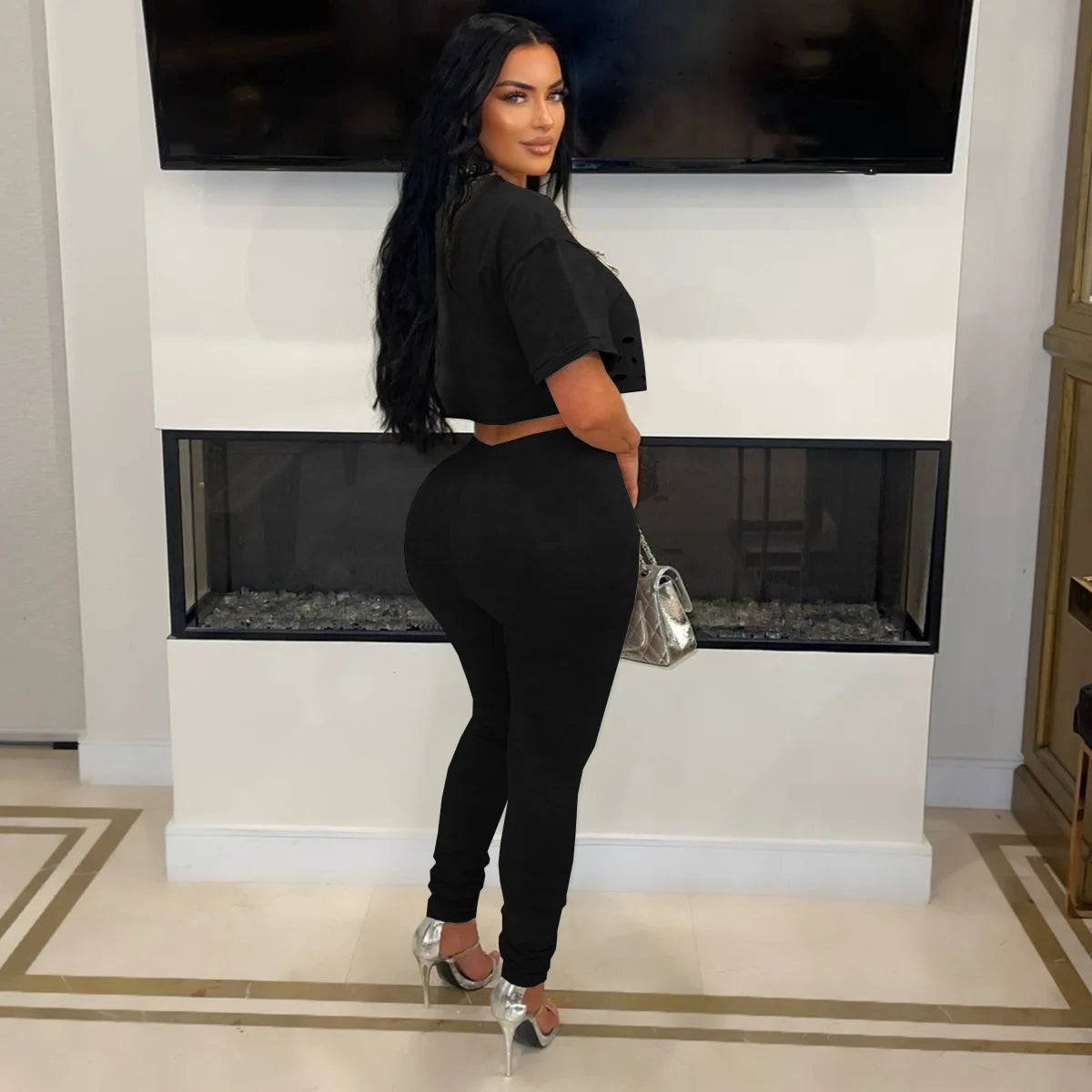Spring Summer Fashion Solid Two Piece Set Women Sexy Perforated Round Neck Short Sleeve Top Tight Pants Casual Two Piece Set