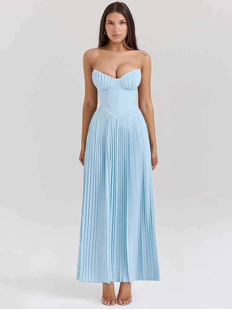 Mozision schulterfreies, rückenfreies, plissiertes Maxikleid für Damen, modisch, trägerlos, ärmellos, hohe Taille, eng anliegend, sexy, langes Kleid