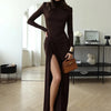 Mozision Rollkragen Oberschenkelhohes Schlitz Sexy Maxikleid für Damen Mode Langarm Drapierte Bandage Bodycon Club Langes Kleid