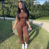 Two Piece Versatile Solid Color Sports And Leisure Set, Women's Cotton Slim Fit T-shirt Paired With Loose Jogging Pants