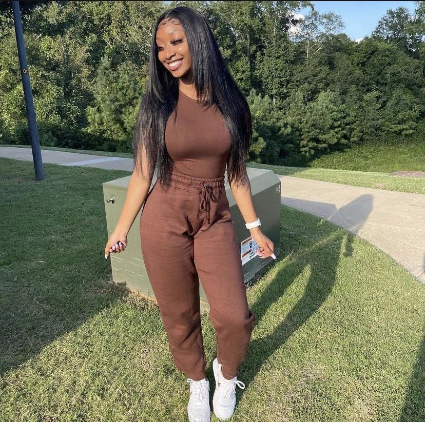 Two Piece Versatile Solid Color Sports And Leisure Set, Women's Cotton Slim Fit T-shirt Paired With Loose Jogging Pants