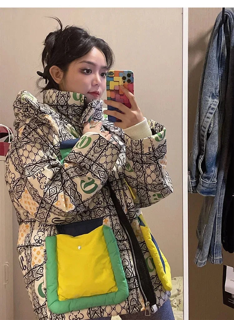2023 Europäische Station Winter Neue Daunenjacke Damen Warm Mode Kurze Farb-Patchwork Graffiti dicke Weiße Entendaunenjacke