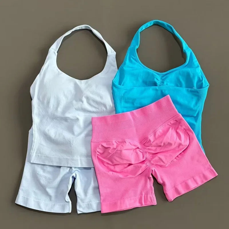 2 Pieces Sports Set Women Backless Halter Tops High Waist Seamless Hight Stretch Shorts Gym Suit Sportswear Workout Sets