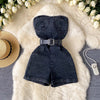 Damen Jeans Jumpsuit Sommer Playsuit Mode Hot Drill Hoher Bund Schmal Ärmellos Trägerlos Gürtel Outfits