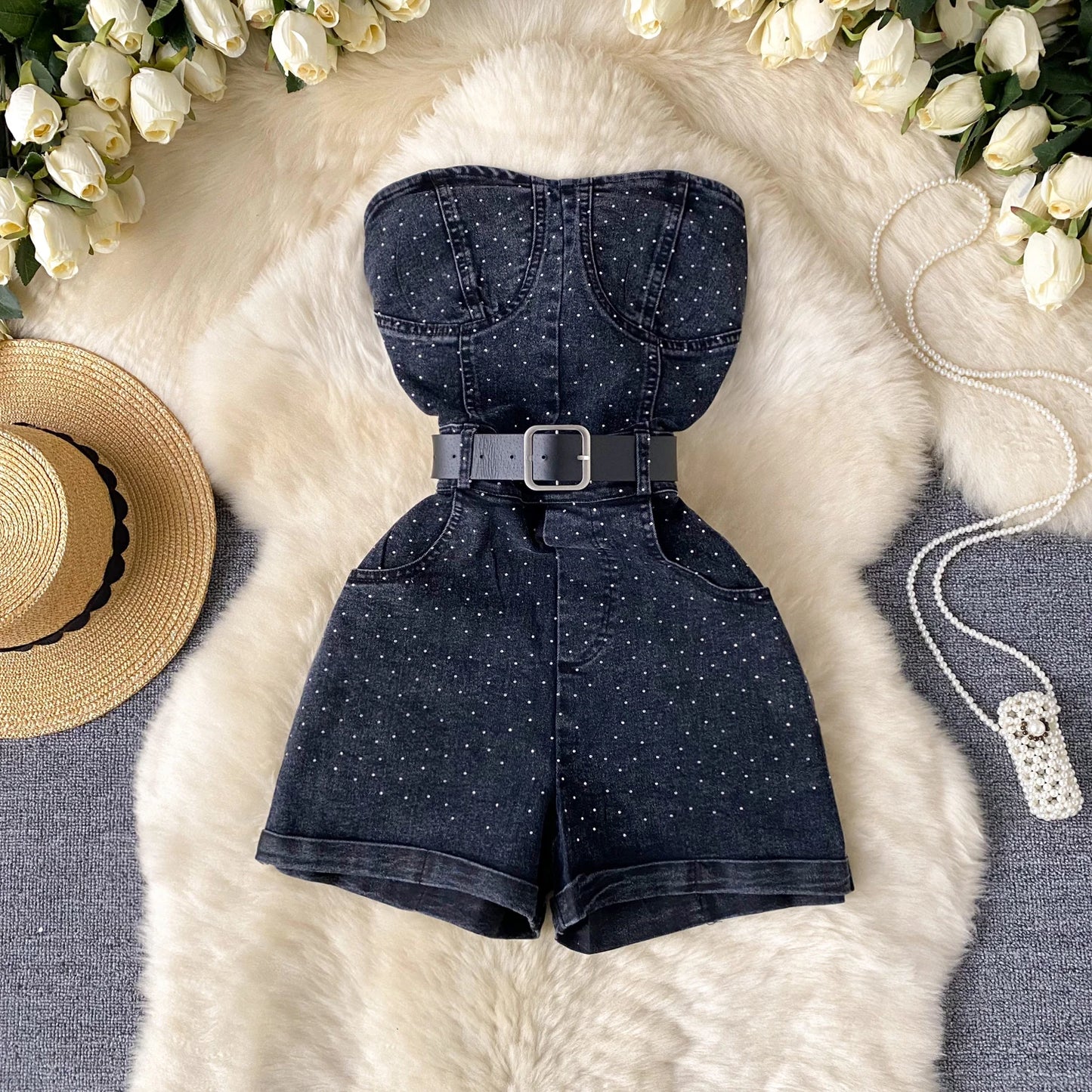 Damen Jeans Jumpsuit Sommer Playsuit Mode Hot Drill Hoher Bund Schmal Ärmellos Trägerlos Gürtel Outfits