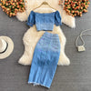 Women Denim 2 Piece Sets Long Skirt Top Suit Skirts Tops Single Breasted Outfits Washed Distressed 2025 Summer Casual Ensemble