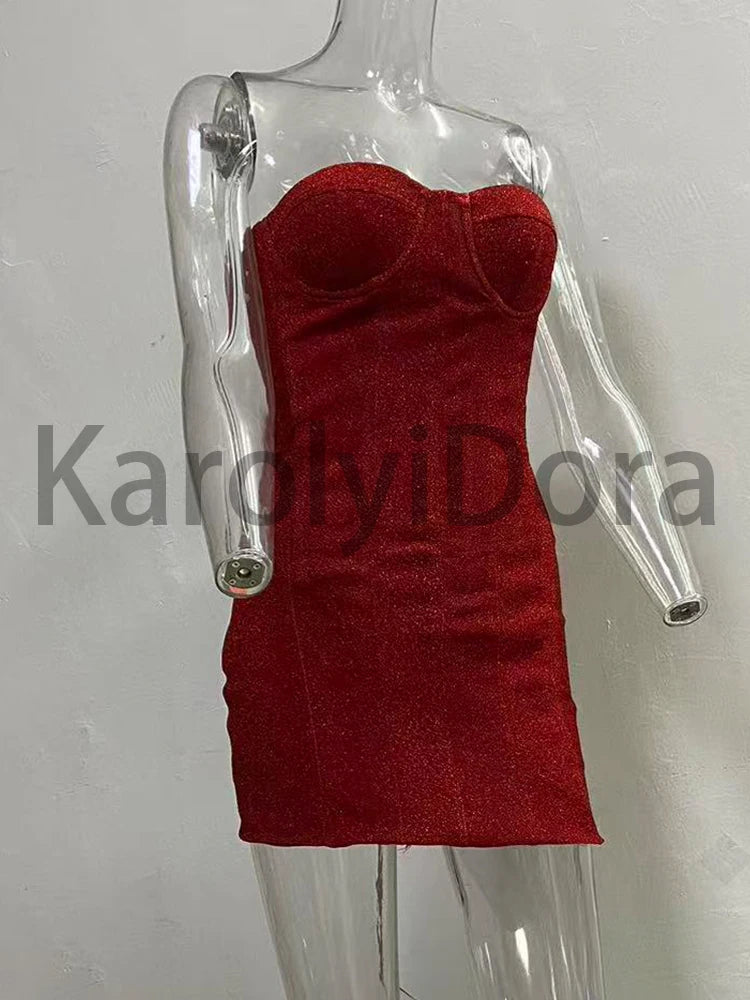 Sexy Strapless Bright Silk Lace-up Mini Dress Women Red Black Sleeveless Backelss Bodycon Dresses Evening Party Cocktail Gowns